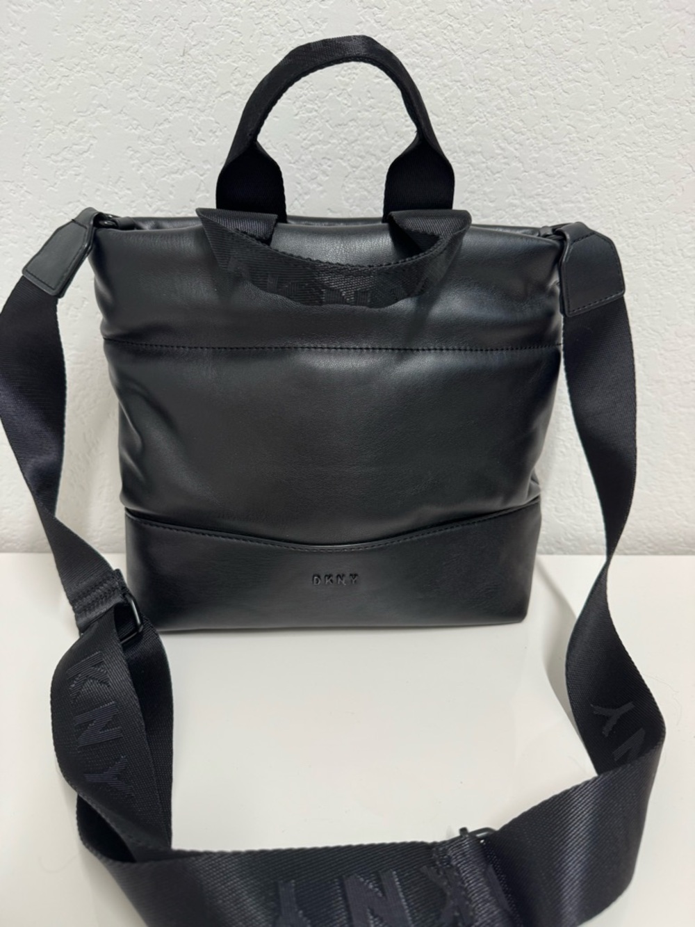 Dkny Black Leather Messenger Bag with Branded Strap